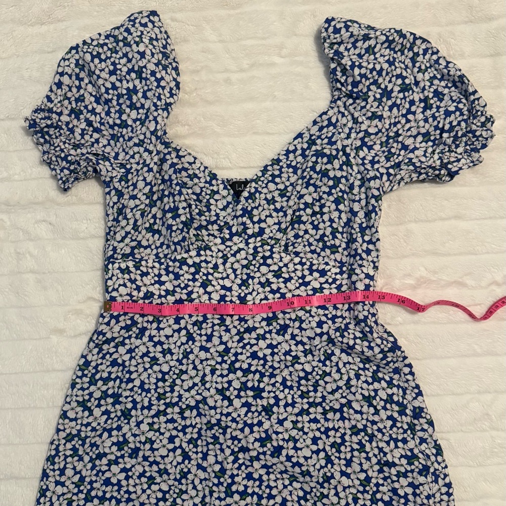 NWT Lulus Grateful Feelings Blue Floral Print Puff Sleeve Mini Dress Medium - Picture 4 of 8
